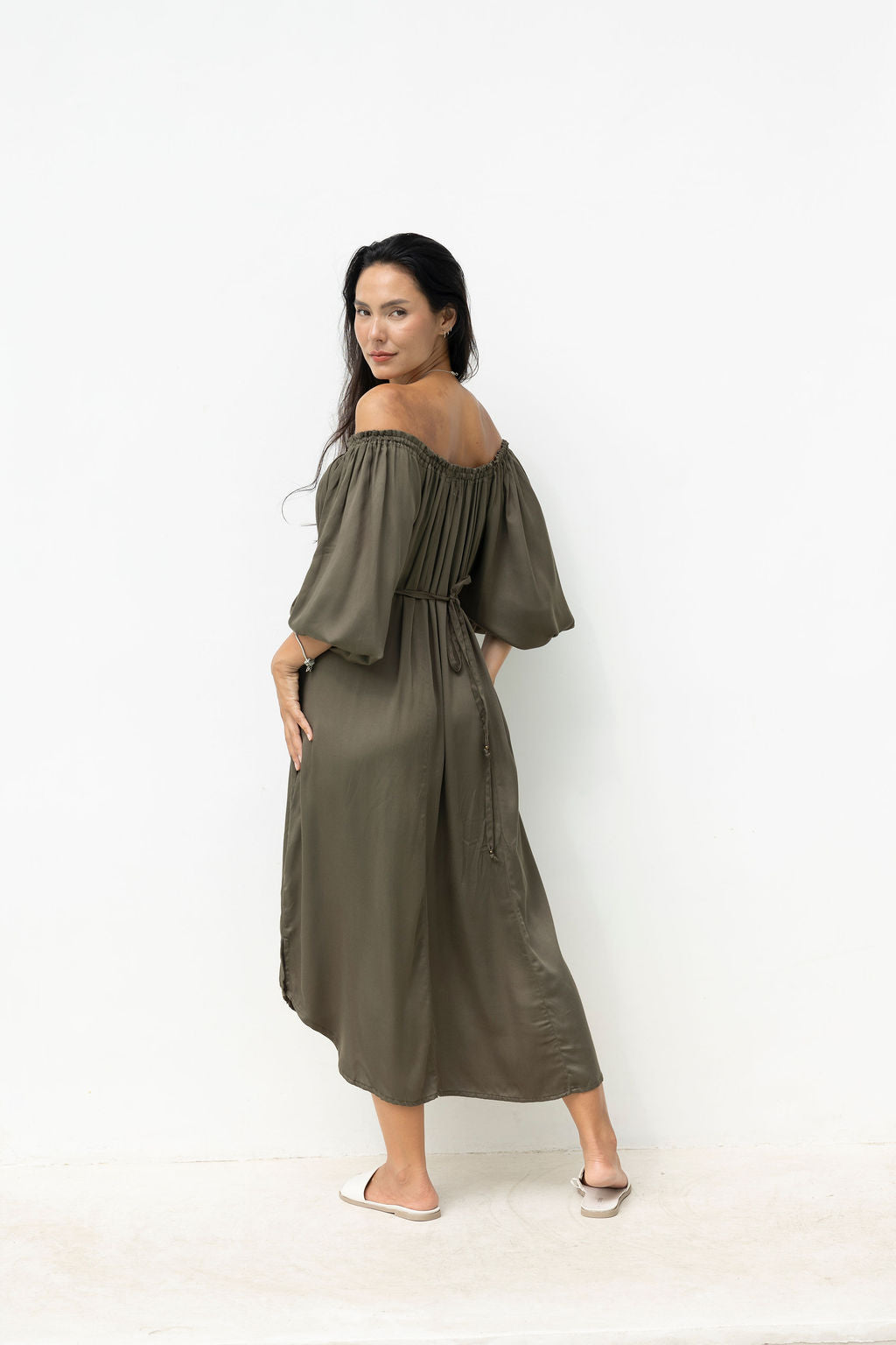 Chevron Dress - Olive Luxe Satin