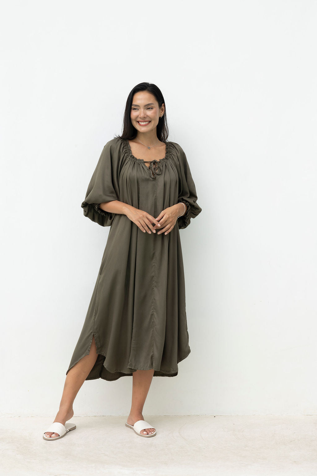 Chevron Dress - Olive Luxe Satin