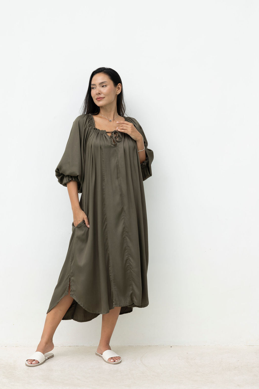 Chevron Dress - Olive Luxe Satin