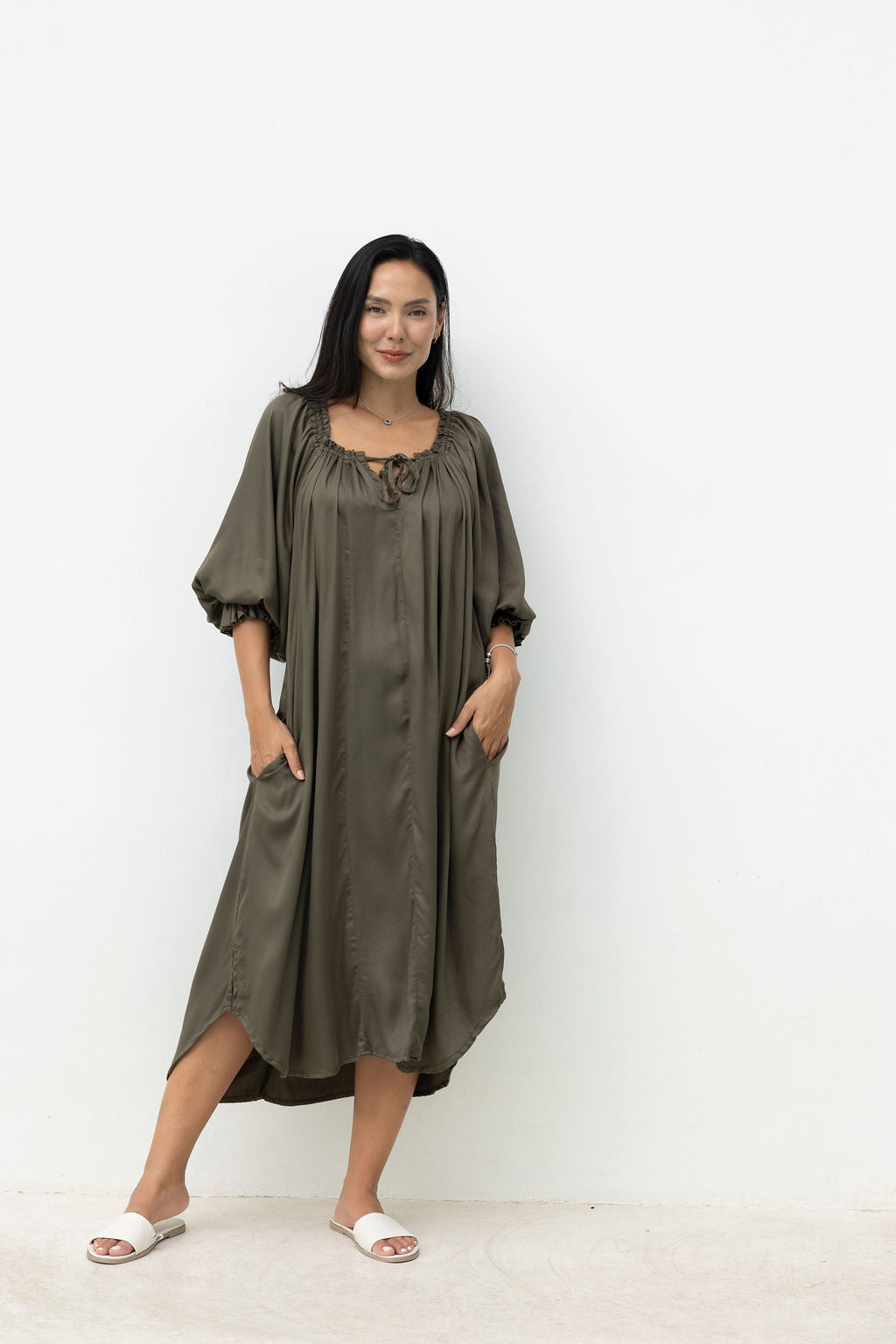 Chevron Dress - Olive Luxe Satin
