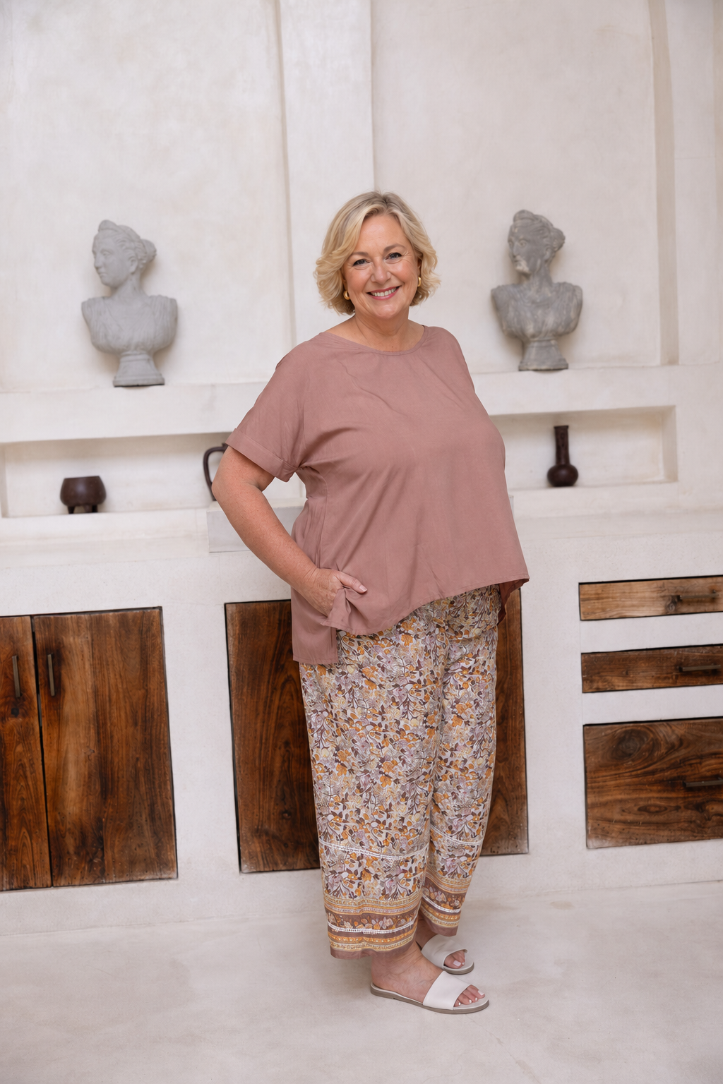 Woman wearing the Victoria Top in Mocca, Relaxed woven t-shirt in 100% soft Rayon