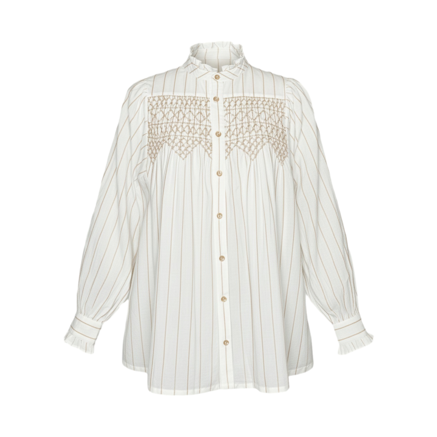 Lily Smocked Shirt - White/Sand Embroidered Stripe