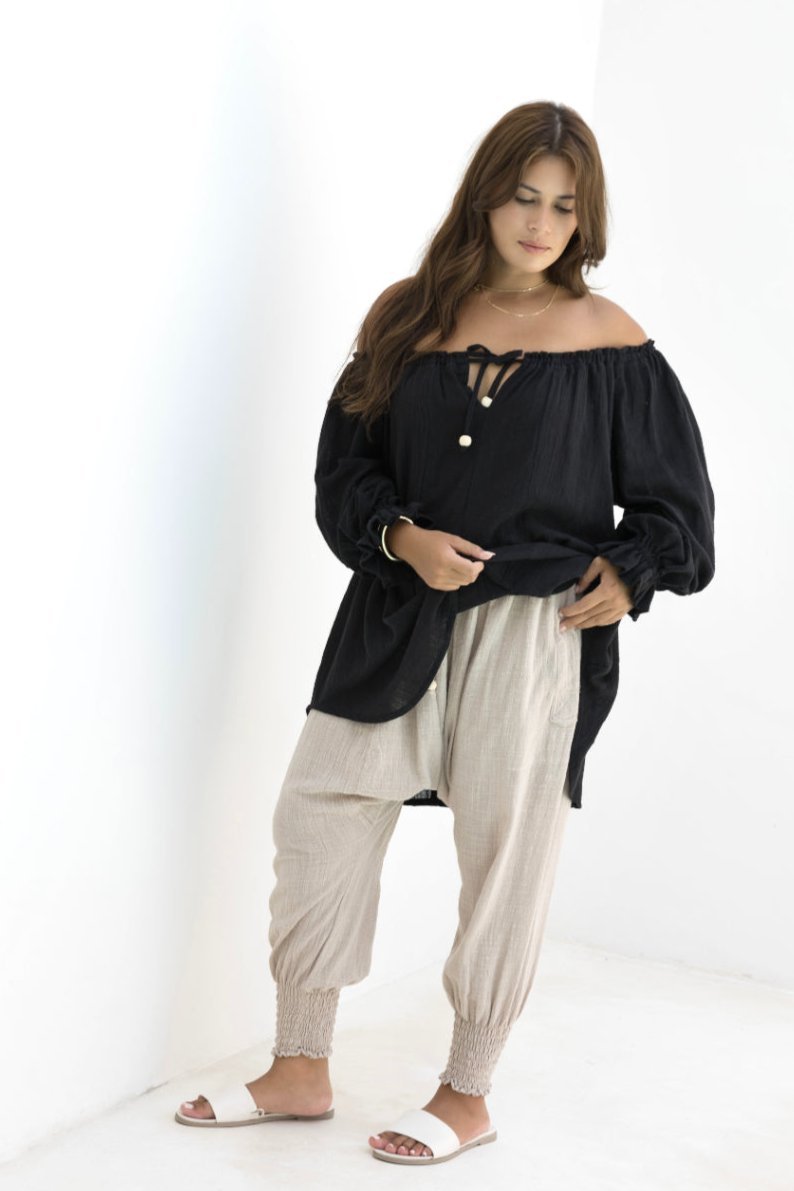 Woman wearing Moroccan Pant in Stone. Harem style, relaxed fit, with shirred elastic cuff.