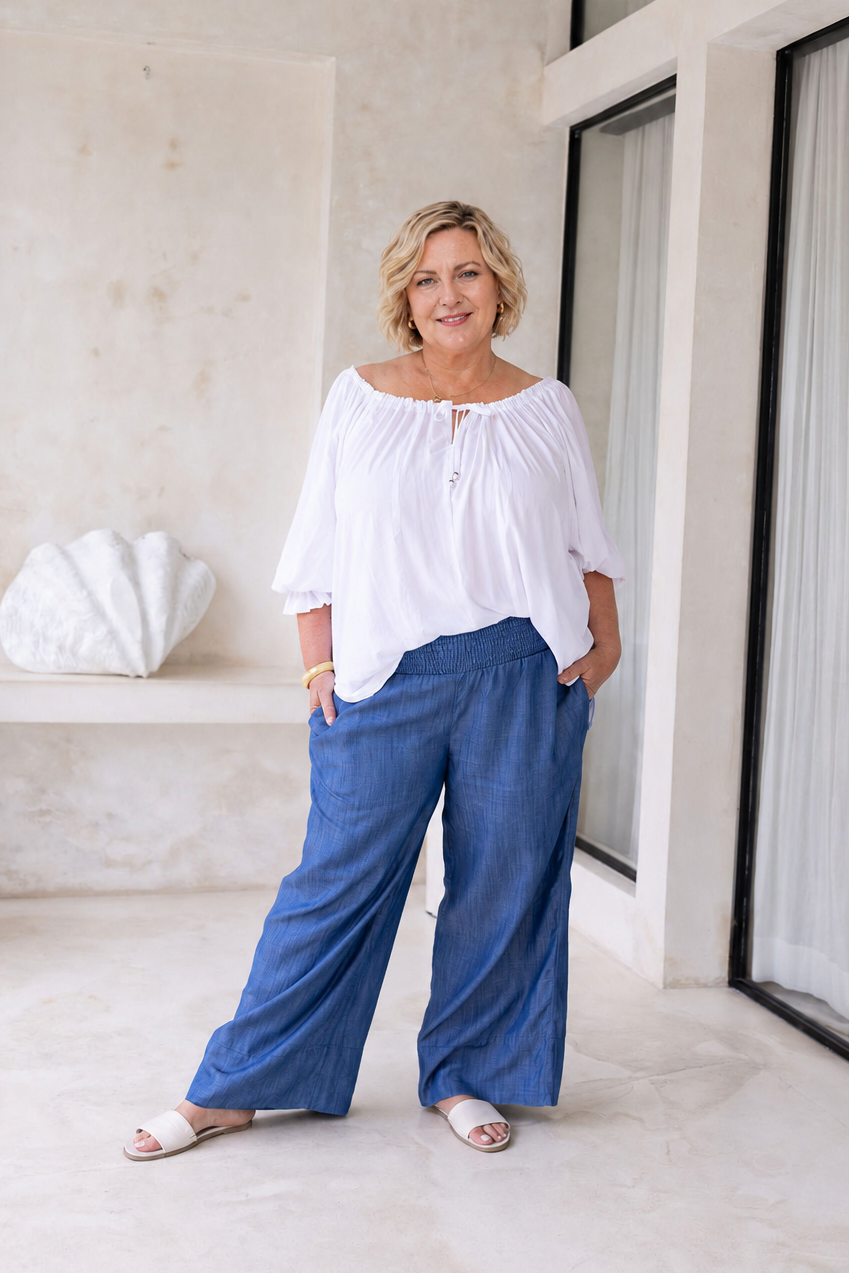 Woman wearing Ouvea Blouse in White, relaxed fit, on or off-shoulder styling