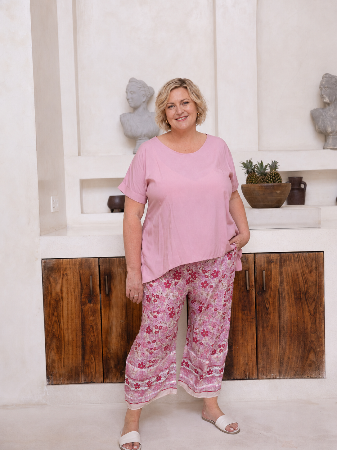 Woman wearing the Victoria Top in Dusty Pink,  Relaxed woven t-shirt in 100% soft Rayon