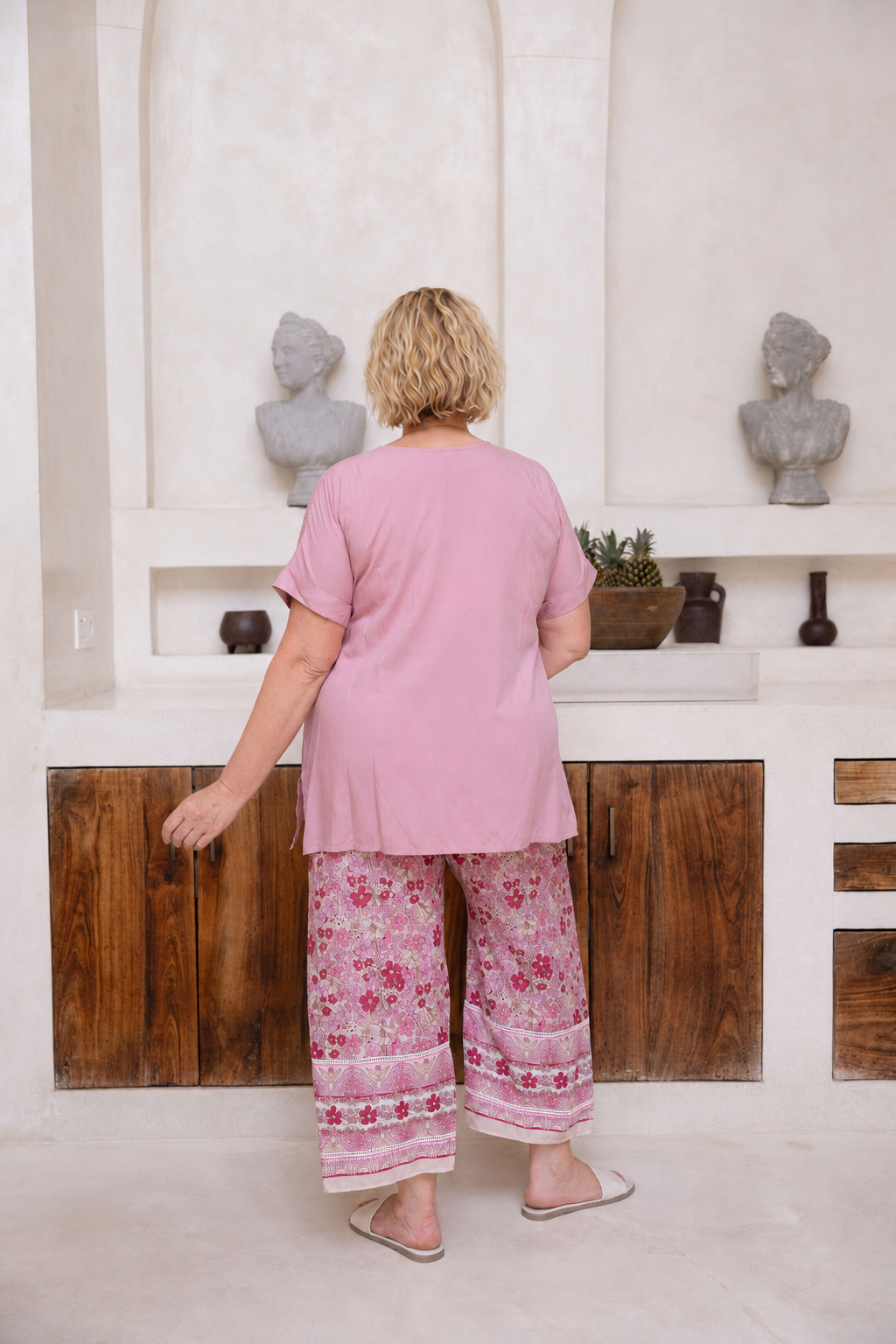 Woman wearing the Victoria Top in Dusty Pink,  Relaxed woven t-shirt in 100% soft Rayon