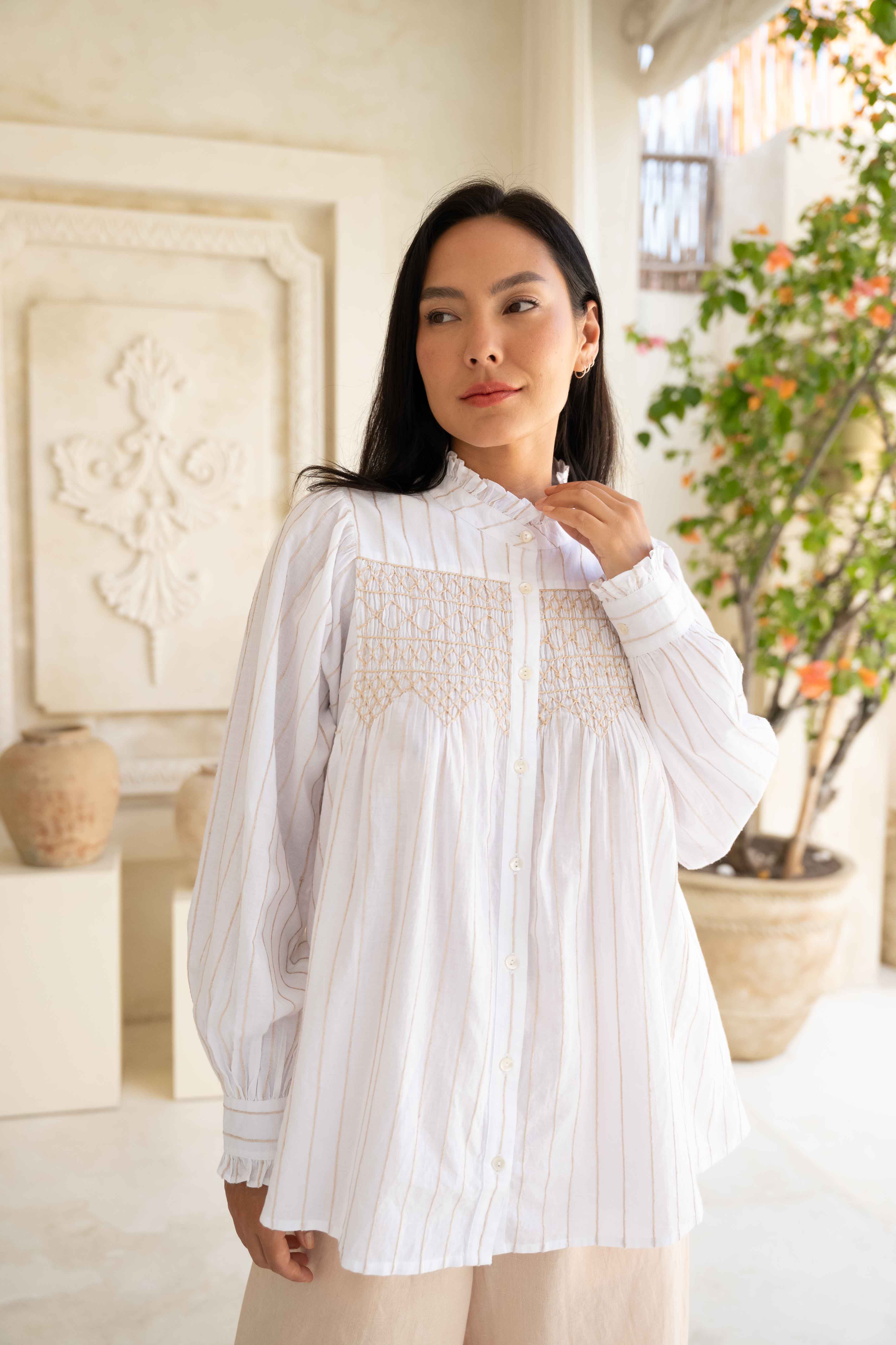 Lily Smocked Shirt - White/Sand Embroidered Stripe