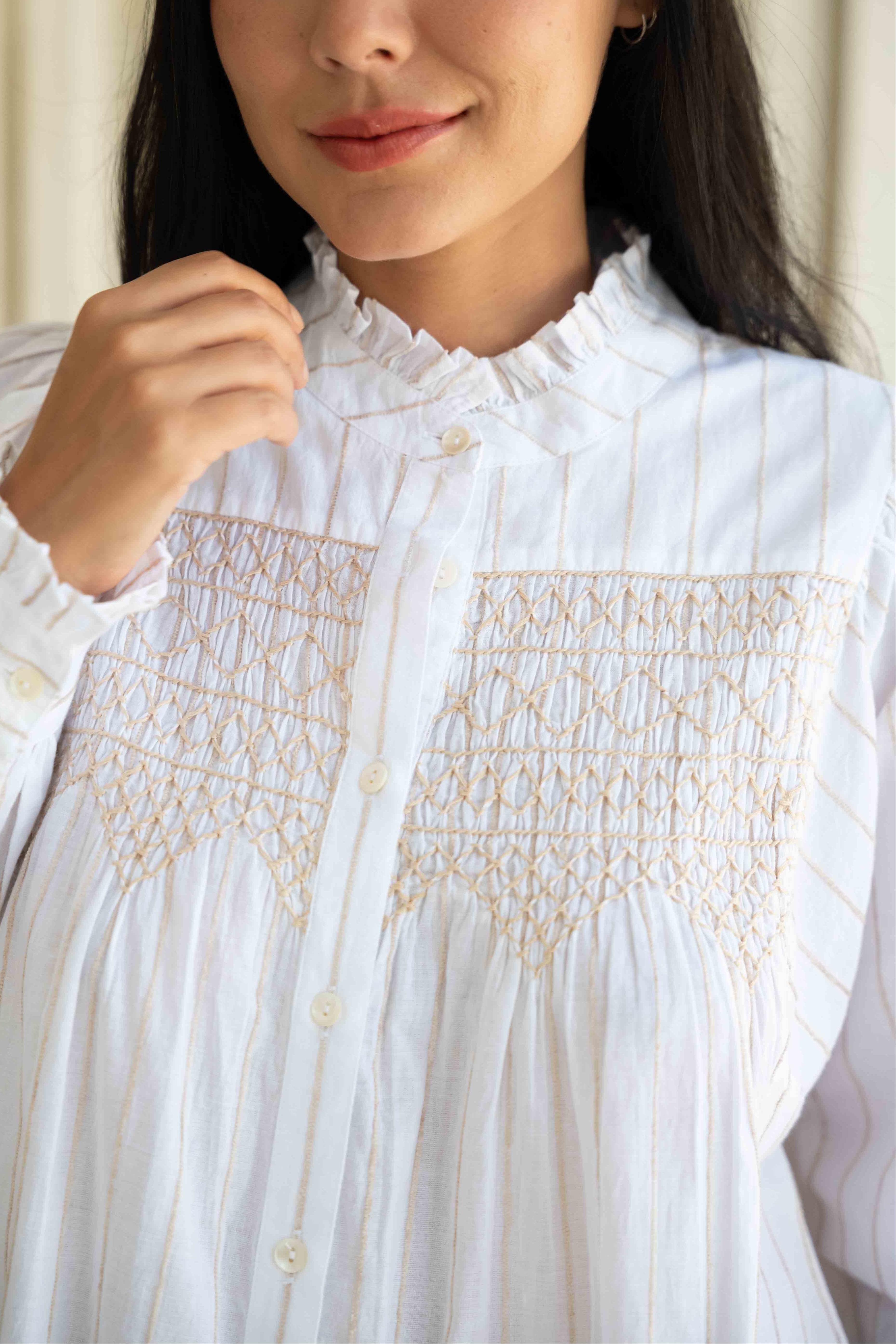 Lily Smocked Shirt - White/Sand Embroidered Stripe