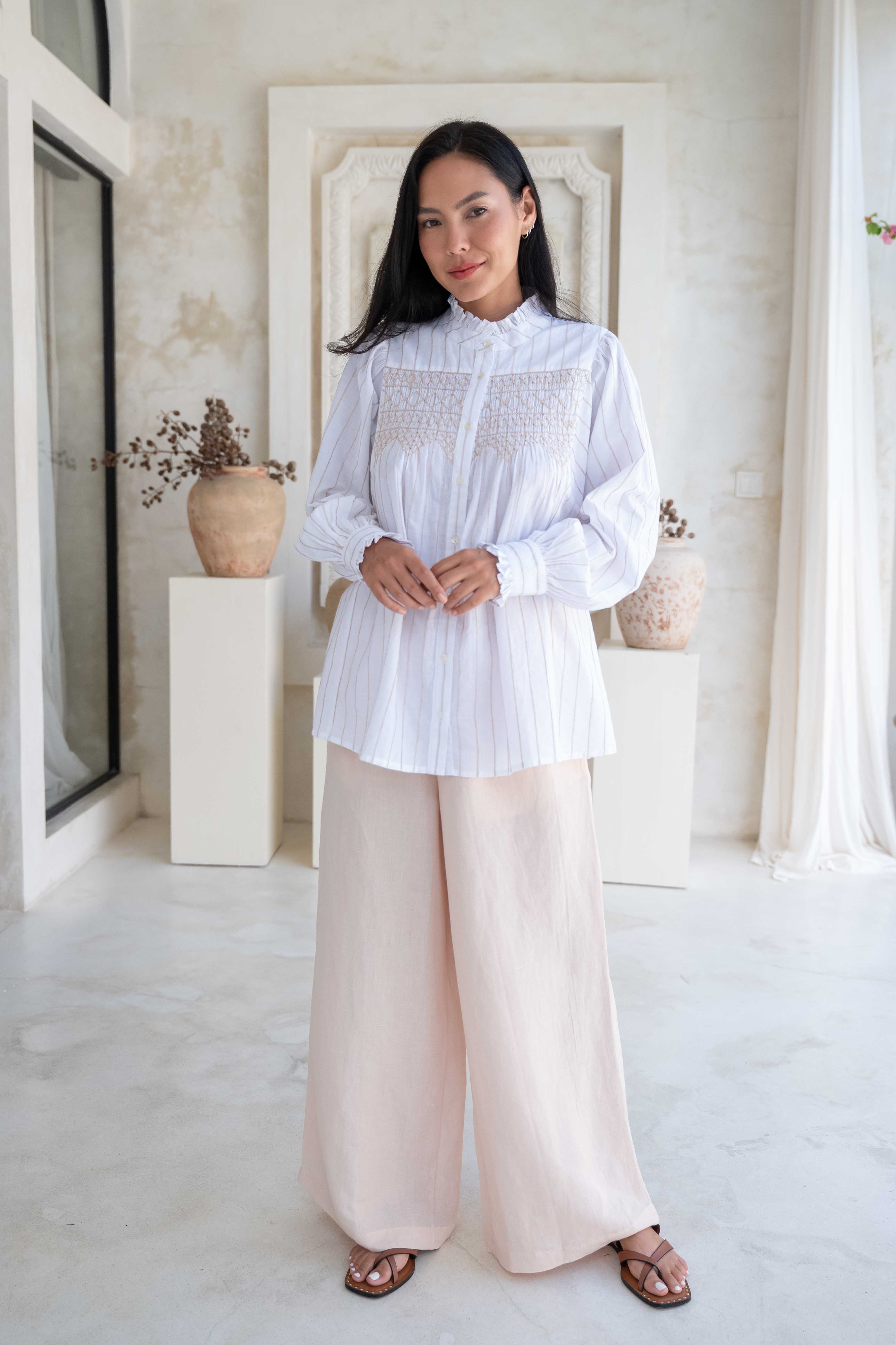 Lily Smocked Shirt - White/Sand Embroidered Stripe