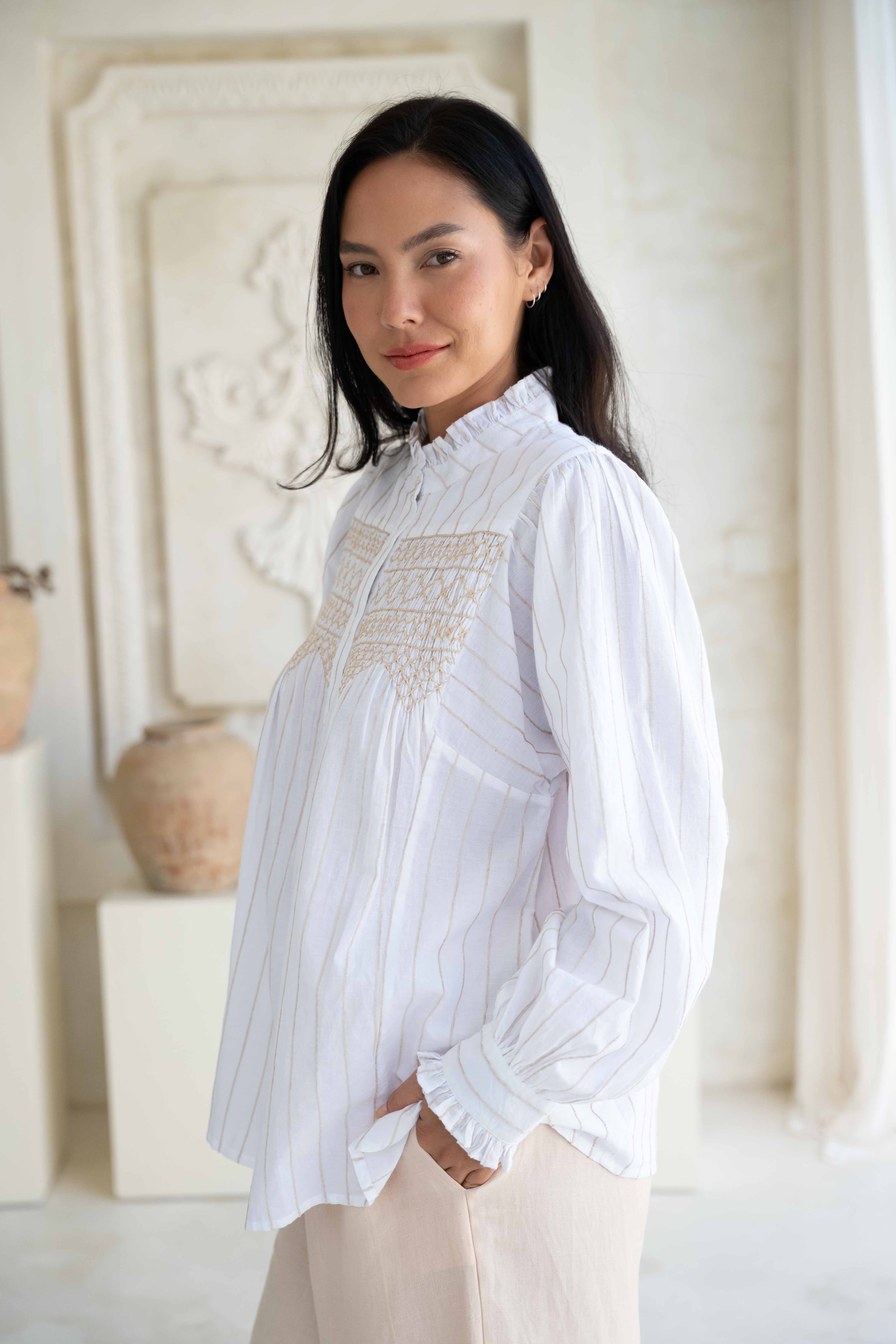 Lily Smocked Shirt - White/Sand Embroidered Stripe