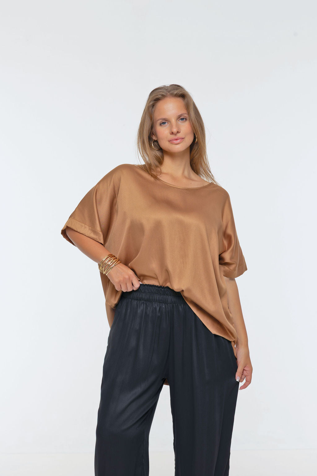 Woman wearing Salina Top in Walnut - Luxe Satin.  Relaxed fit, elbow length Dolman sleeve 