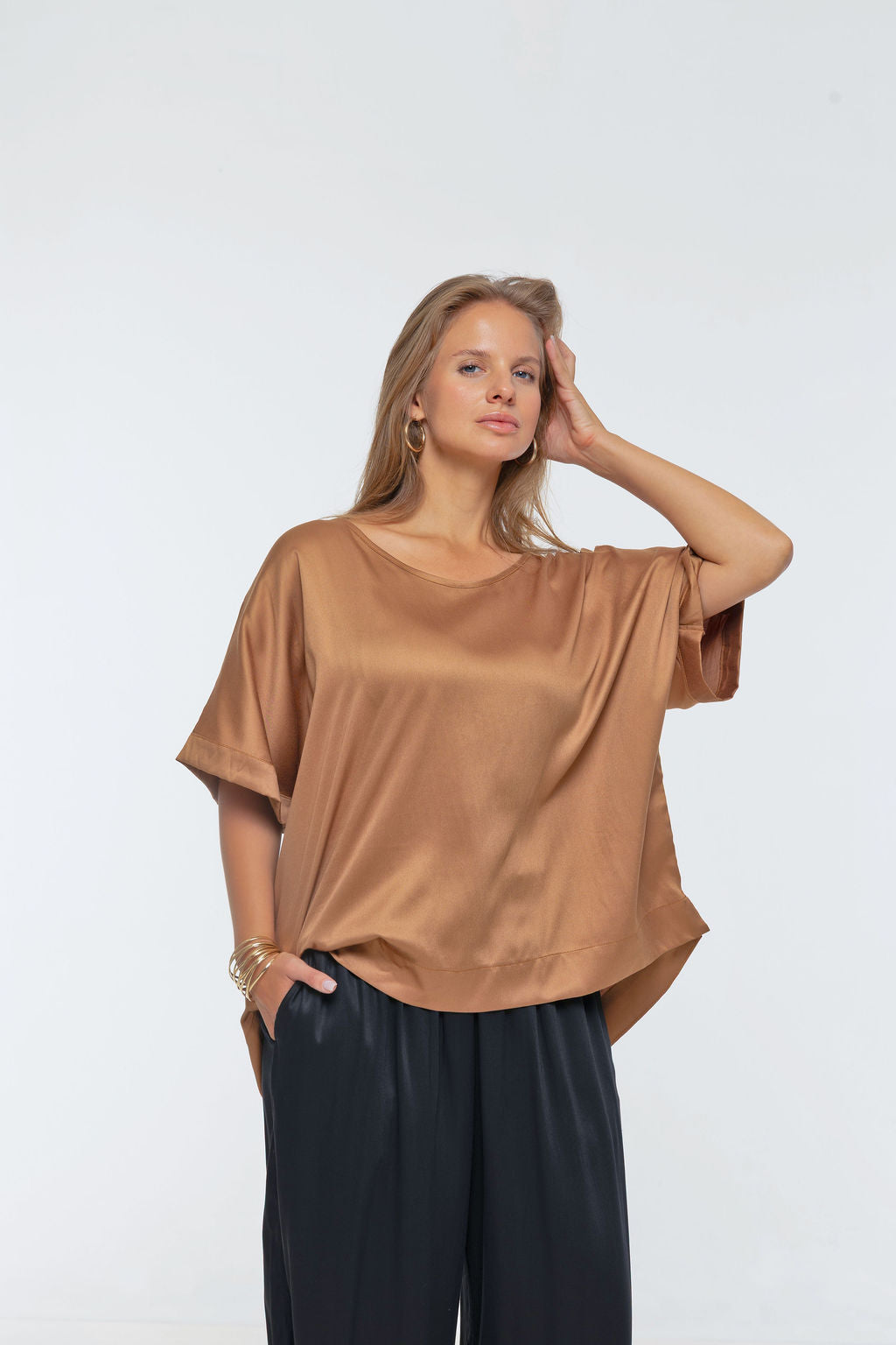Woman wearing Salina Top in Walnut - Luxe Satin.  Relaxed fit, elbow length Dolman sleeve 