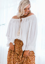Salt and Soda Design For Every Season Every Body Every Day Ouvea Blouse Ivory Muslin 100% Muslin Organic Material Australian Womens Ethical Fashion Label Off Shoulder Blouse with Raw Tassel Detail Tie and Frill Sleeves