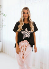 Salt & Soda Design For Everybody For Every Season For Every Day Monaco Tee Ebony Uncomplicated and practical, it features a fabric print star detail, scoop hemline and is made from 100% organic cotton. Dress up or down. Leopard Print Star Shirt